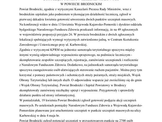 KOMUNIKAT DOT. PUNKTÓW SZCZEPIEŃ MASOWYCH W POWIECIE BRODNICKIM