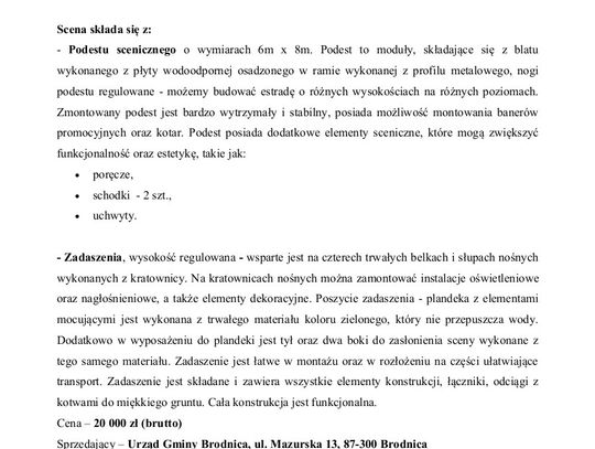 Urząd Gminy Brodnica sprzeda profesjonalną scenę estradową,